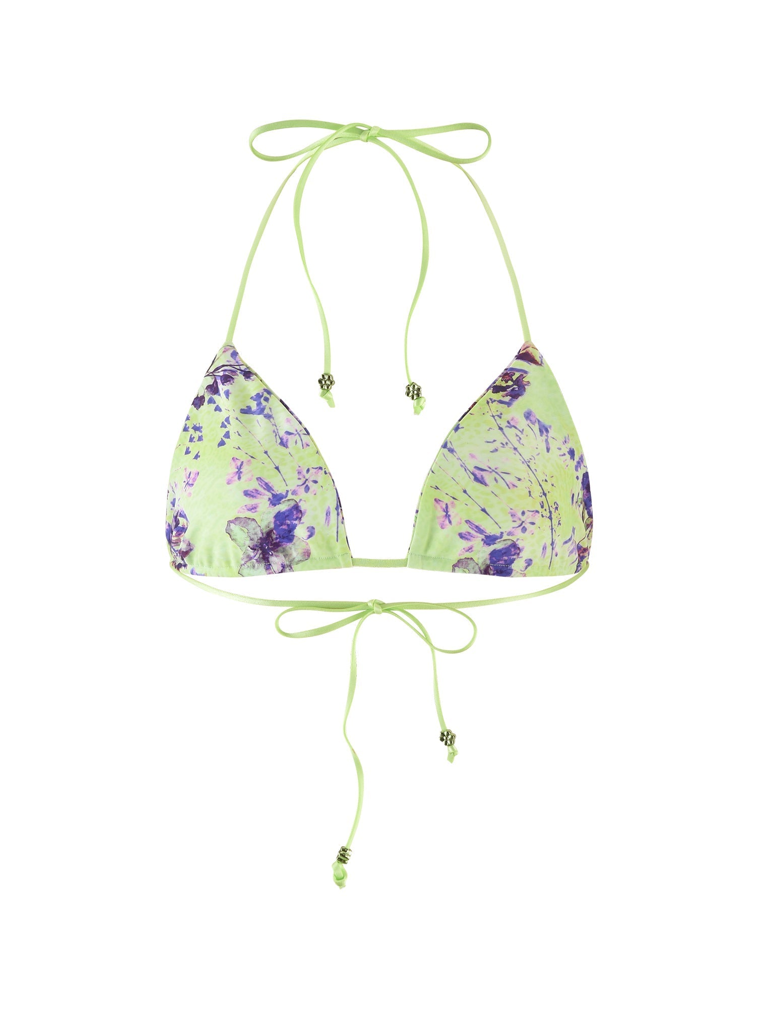 The AVE BIKINI TOP - GREEN : BY POPPY FLORAL from TIGERMIST is a green string bikini top with a halter neck and back tie. The fabric boasts a purple and pink floral print, while small metallic beads accentuate the ends of the strings.