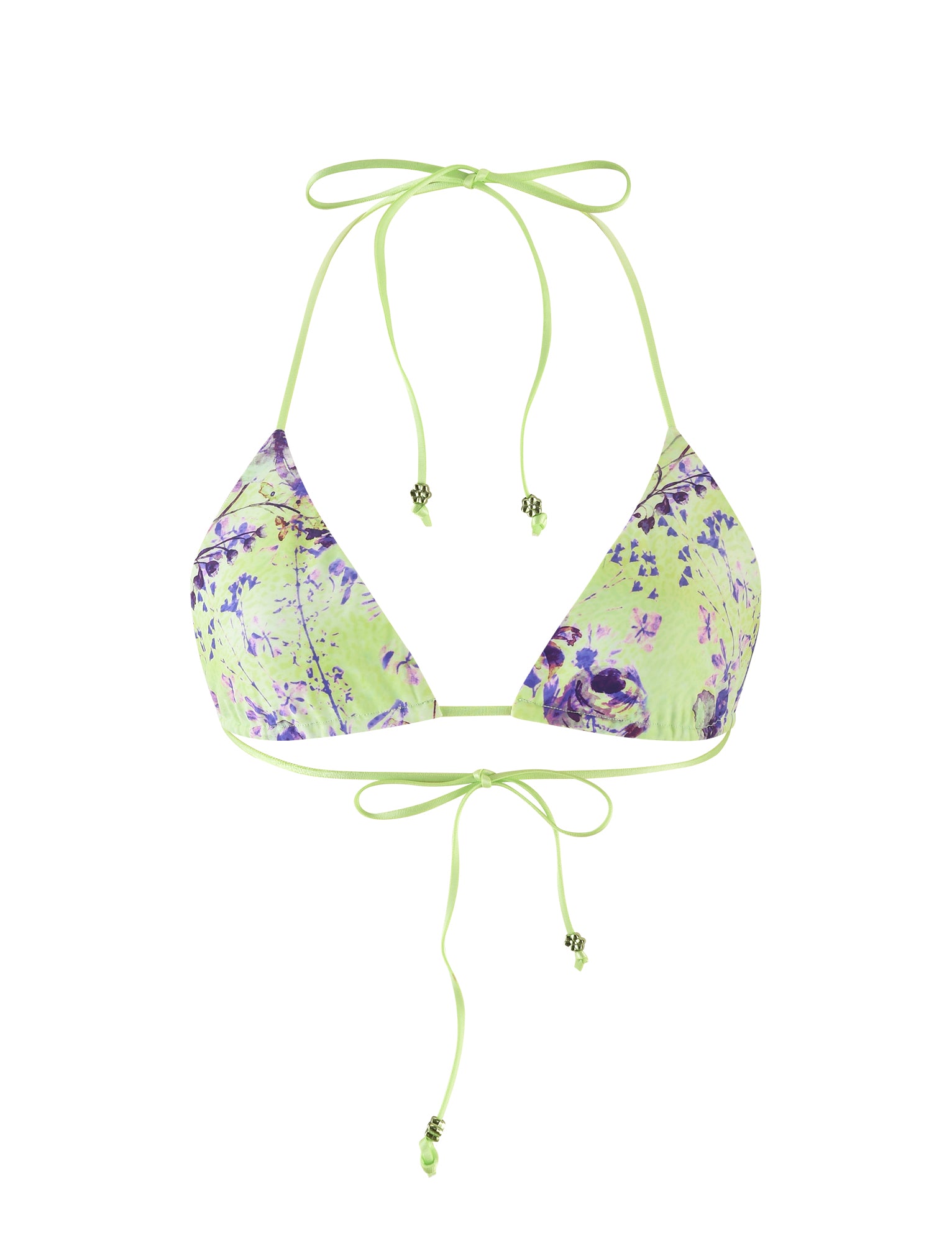 Introducing the AVE BIKINI TOP - GREEN : BY POPPY FLORAL by TIGERMIST. This lime green halter bikini top showcases elegant purple floral prints and features adjustable ties at the neck and back, adorned with small bead embellishments at the ends. Its triangular cups offer a timeless swimwear style.