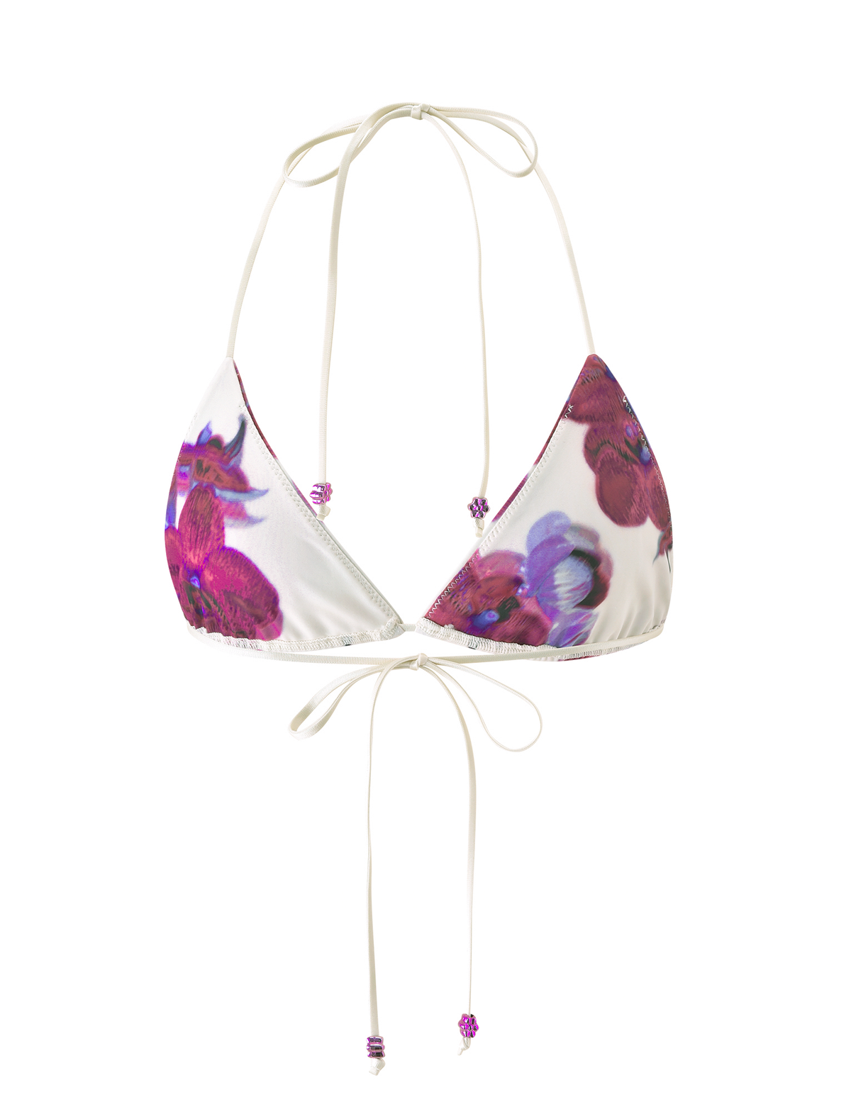 The TIGERMIST AVE BIKINI TOP - ORCHID HAZE features thin halter neck and back ties with small purple beads and a delicate purple and pink floral print.