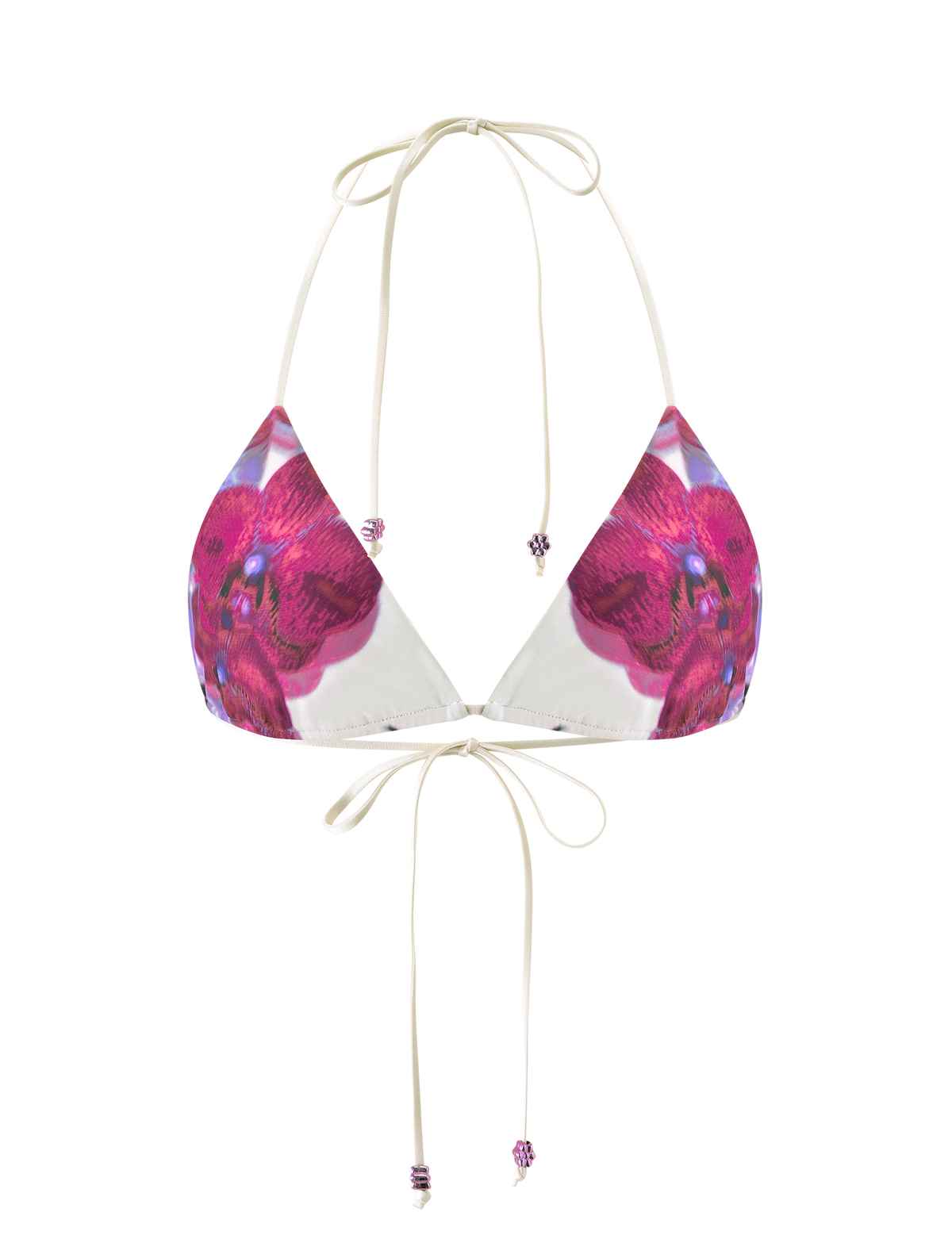 The TIGERMIST AVE BIKINI TOP - ORCHID HAZE is a white triangle bikini top with a pink and purple orchid haze print, thin adjustable neck and back ties, and small purple beads at the string ends.