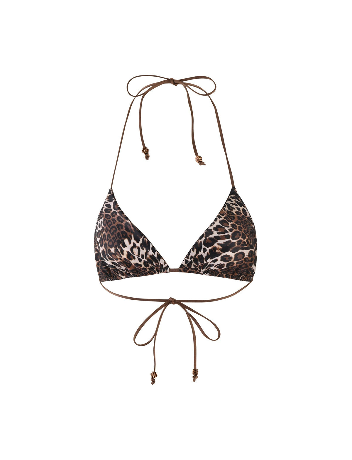 The AVE BIKINI TOP - MULTI : LEOPARD by TIGERMIST features triangle cups and adjustable string ties. This Tiger Mist leopard print bikini top has thin brown straps that tie behind the neck, at the back, and at the front, with beaded details on the string ends.