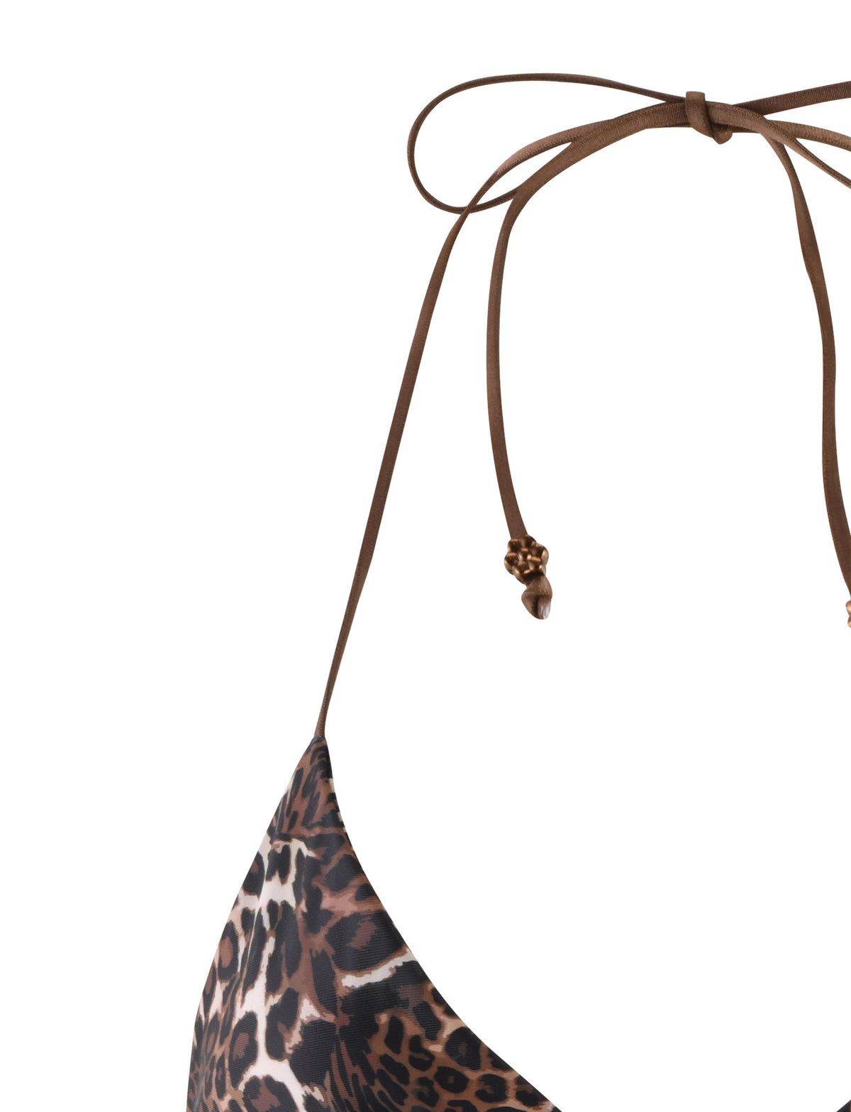 Close-up of the TIGERMIST AVE Bikini Top - Multi: Leopard, featuring thin brown straps. One of the straps is tied in a bow at the top, adorned with small decorative beads at the ends. The background is plain white.