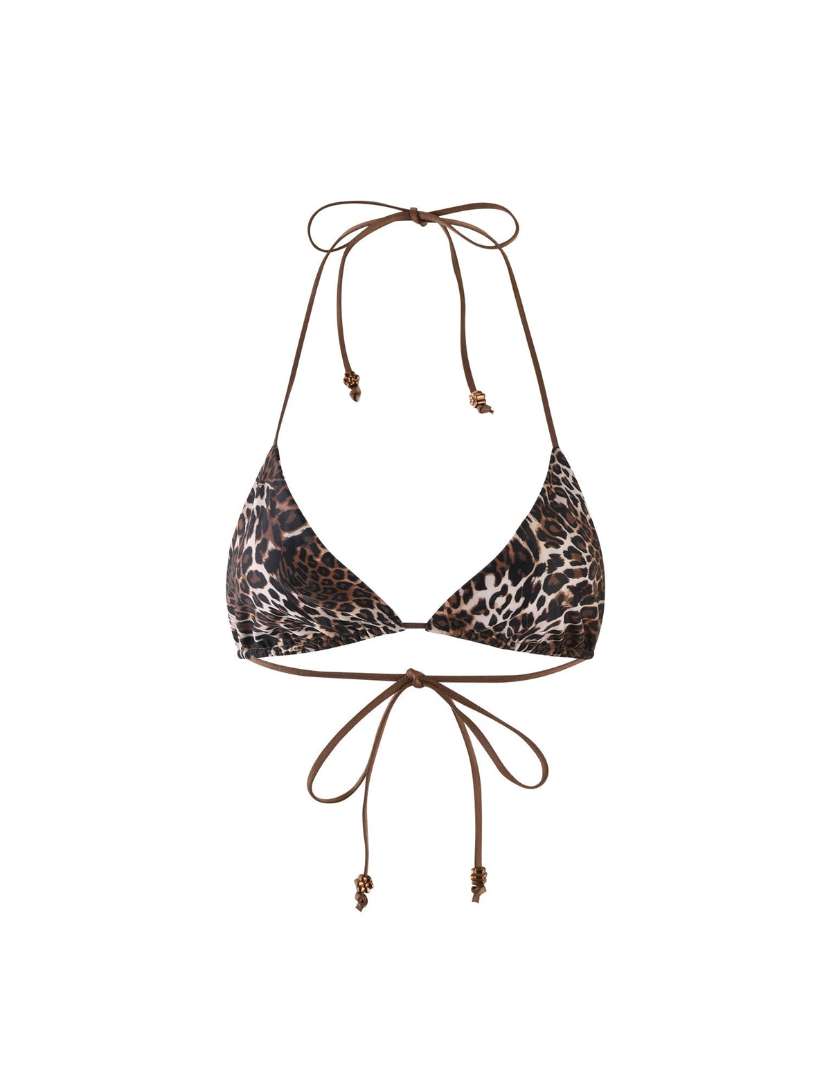 The TIGERMIST AVE Bikini Top in Multi: Leopard features brown string ties at the neck and back set against a white background, while its triangular cups boast an eye-catching blend of dark and light brown leopard spots.