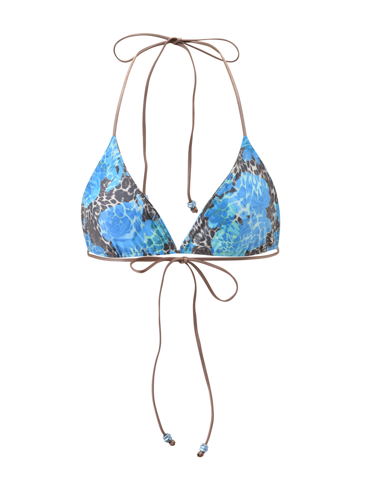 The AVE BIKINI TOP - BLUE LEOPARD by TIGERMIST features triangle cups in a blue leopard print, a halter neck, thin tan tie straps, and small bead details at the ends.
