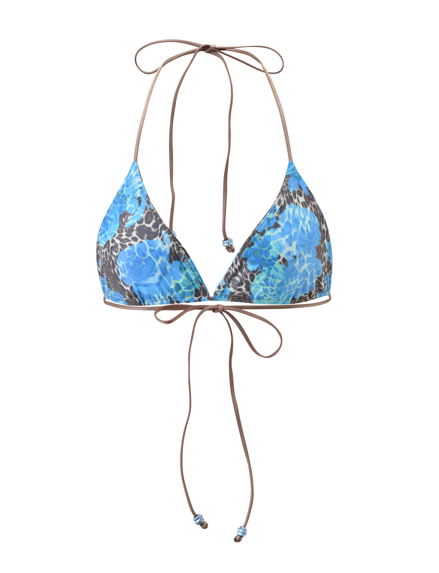 The AVE BIKINI TOP - BLUE LEOPARD by TIGERMIST features triangle cups in a blue leopard print, a halter neck, thin tan tie straps, and small bead details at the ends.