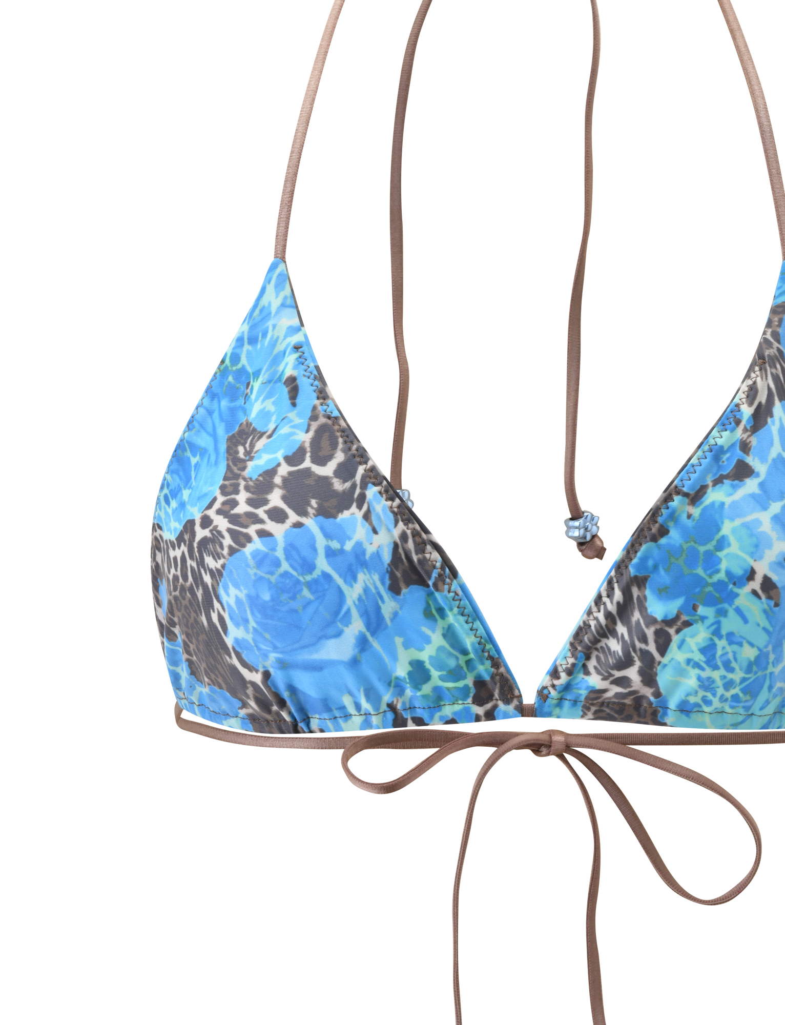 The AVE BIKINI TOP by TIGERMIST features a blue leopard and floral pattern with brown adjustable strings tied in bows at the bottom and halter neck.
