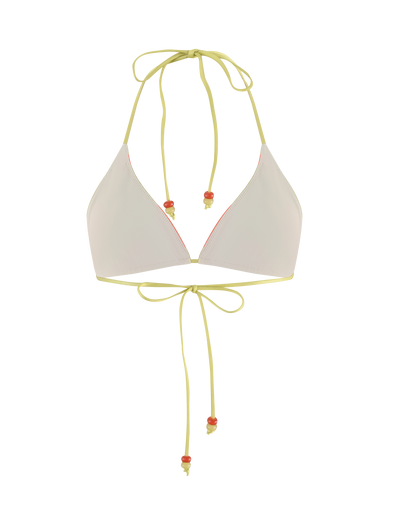The TIGERMIST AVE BIKINI TOP - POP FLORAL is a white top with yellow straps and a true-tie halter neck, featuring adjustable ties at the neck and back.
