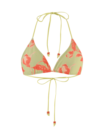 The AVE BIKINI TOP - POP FLORAL by TIGERMIST is a light green bikini top with a coral pink floral print and true-tie halter neck, featuring adjustable ties at the neck and back.