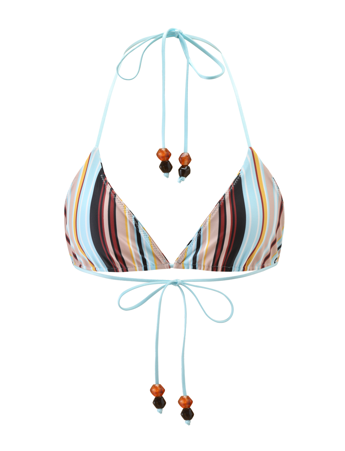 Introducing the AVE BIKINI TOP - VARIEGATED STRIPE by TIGERMIST, featuring colorful vertical stripes in blue, orange, black, and pink with thin blue halter straps and brown and black bead accents on the tie ends.