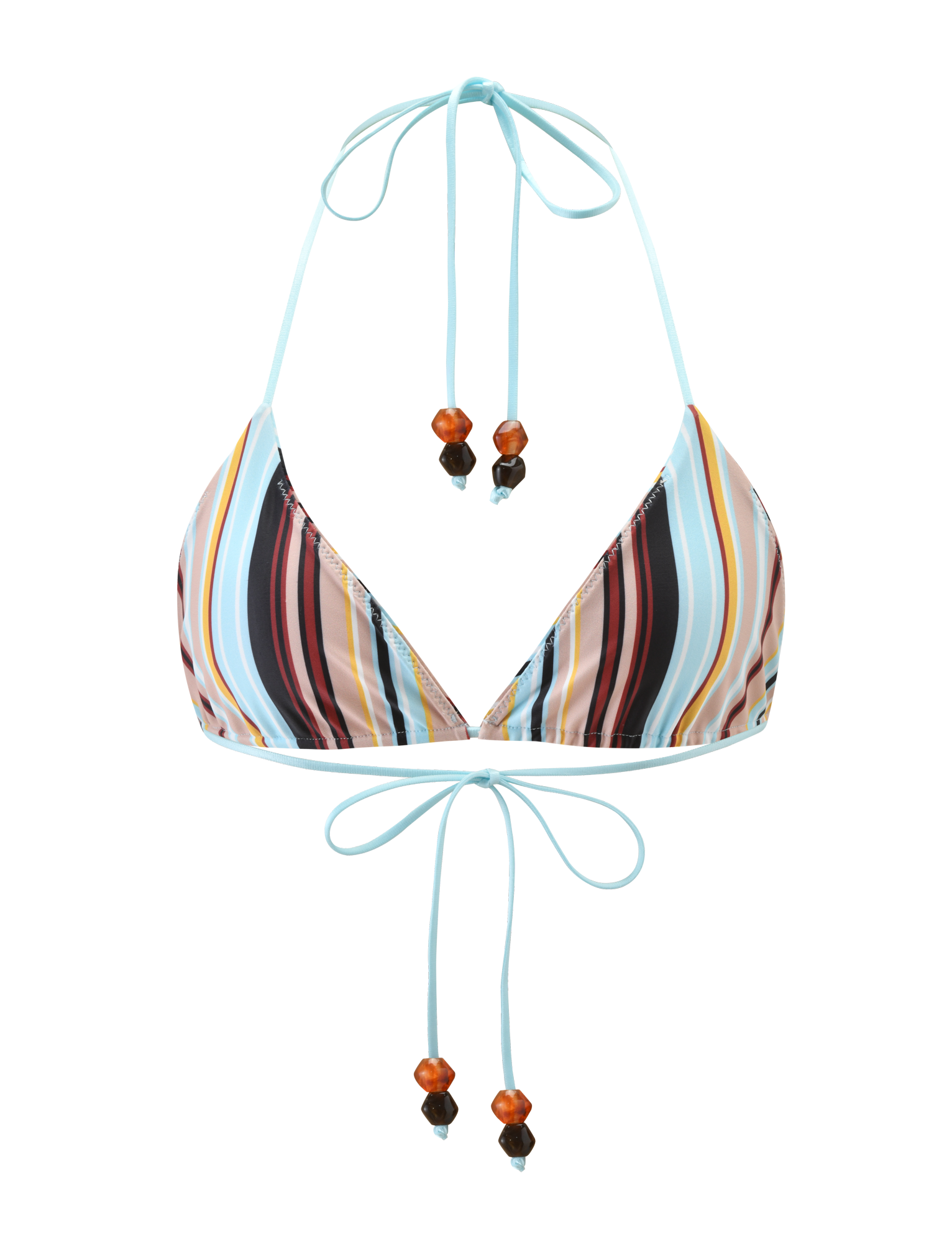 Introducing the AVE BIKINI TOP - VARIEGATED STRIPE by TIGERMIST, featuring colorful vertical stripes in blue, orange, black, and pink with thin blue halter straps and brown and black bead accents on the tie ends.