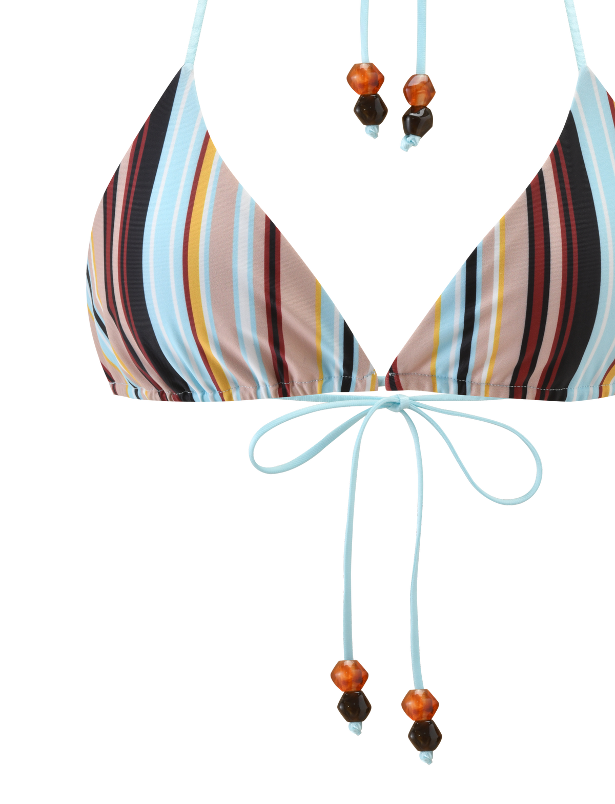 A close-up of the TIGERMIST AVE BIKINI TOP - VARIEGATED STRIPE, a triangle bikini with blue, brown, yellow, red, black, and white vertical stripes and blue strings with orange and brown beads for tying at the neck and back.