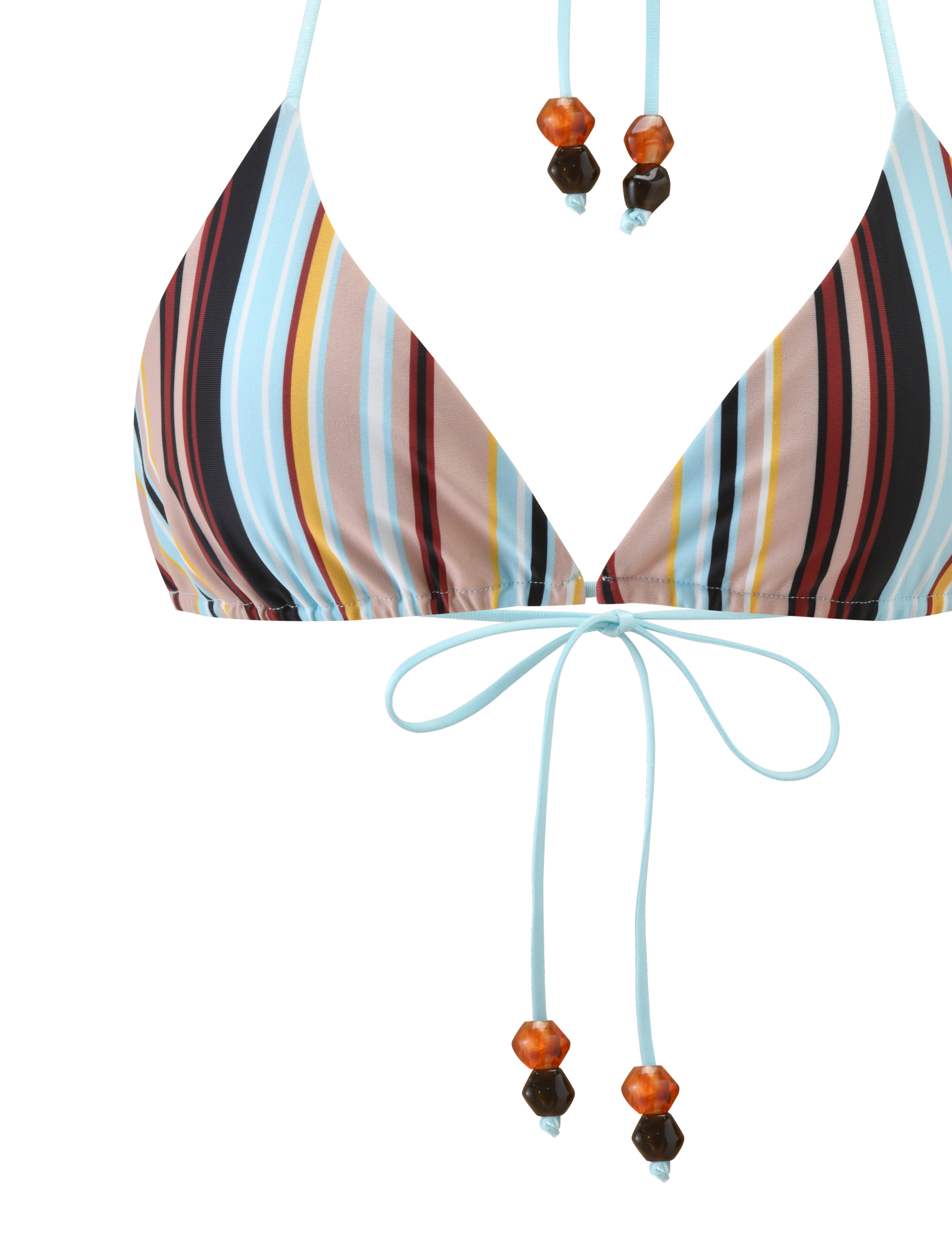 A close-up of the TIGERMIST AVE BIKINI TOP - VARIEGATED STRIPE, a triangle bikini with blue, brown, yellow, red, black, and white vertical stripes and blue strings with orange and brown beads for tying at the neck and back.