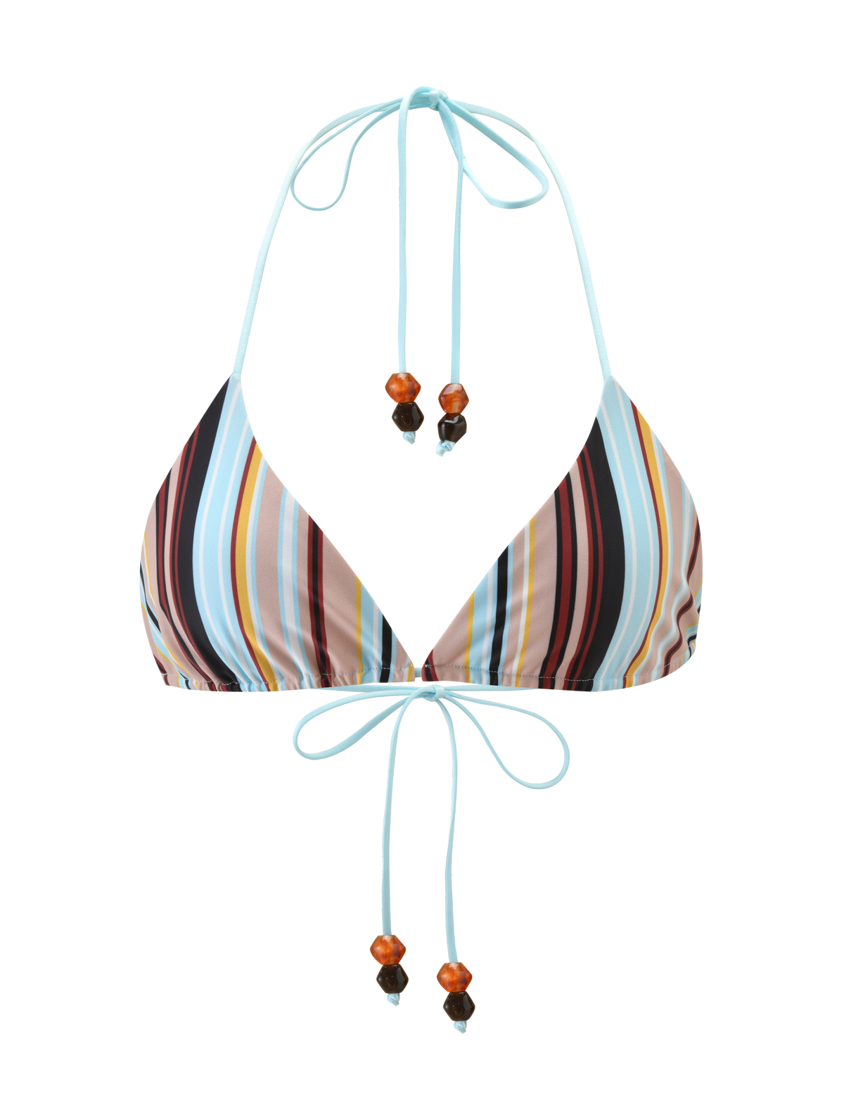 The TIGERMIST AVE BIKINI TOP - VARIEGATED STRIPE features vertical blue, red, yellow, and white stripes with blue neck and back ties, finished with amber and black bead accents at the tie ends.