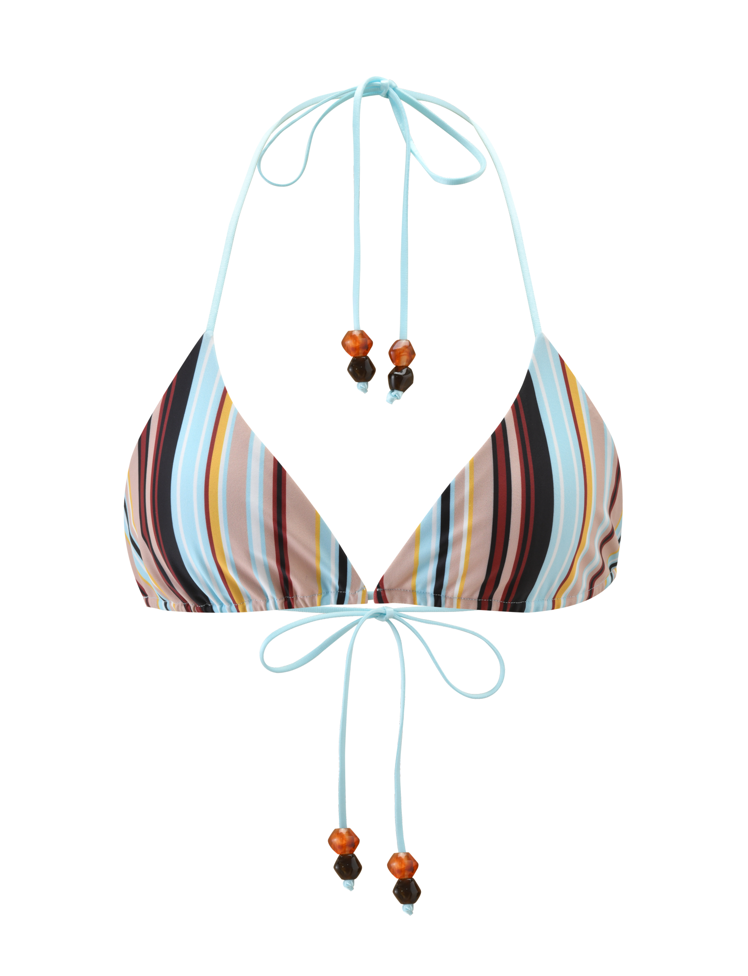 The TIGERMIST AVE BIKINI TOP - VARIEGATED STRIPE features vertical blue, red, yellow, and white stripes with blue neck and back ties, finished with amber and black bead accents at the tie ends.