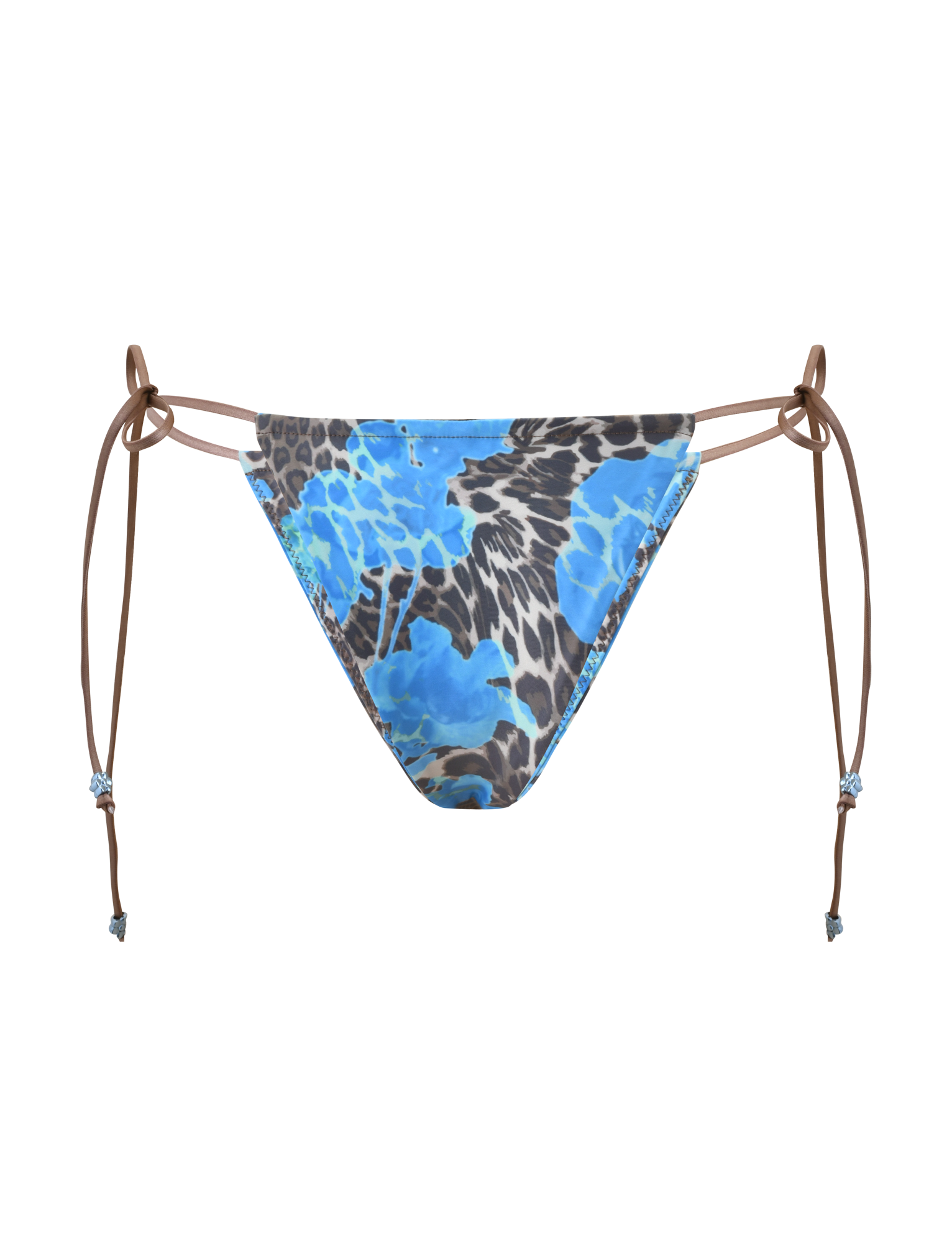 The TIGERMIST AVE BIKINI BOTTOM in blue leopard features brown adjustable side ties, a cheeky fit, and a bold animal print pattern, shown on a plain white background.