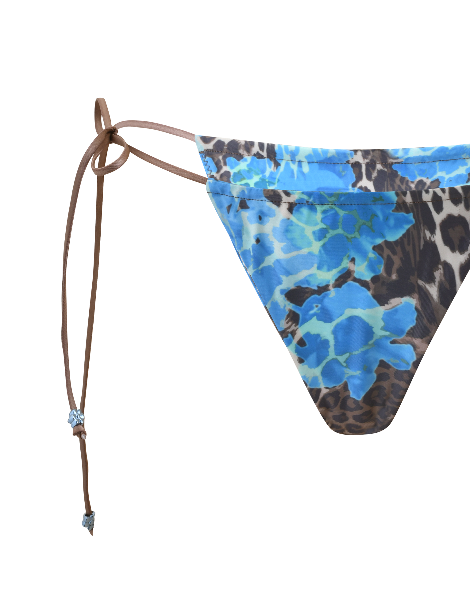 The TIGERMIST AVE BIKINI BOTTOM - BLUE LEOPARD features brown adjustable side ties with small beads and a cheeky cut, shown against a plain white background.