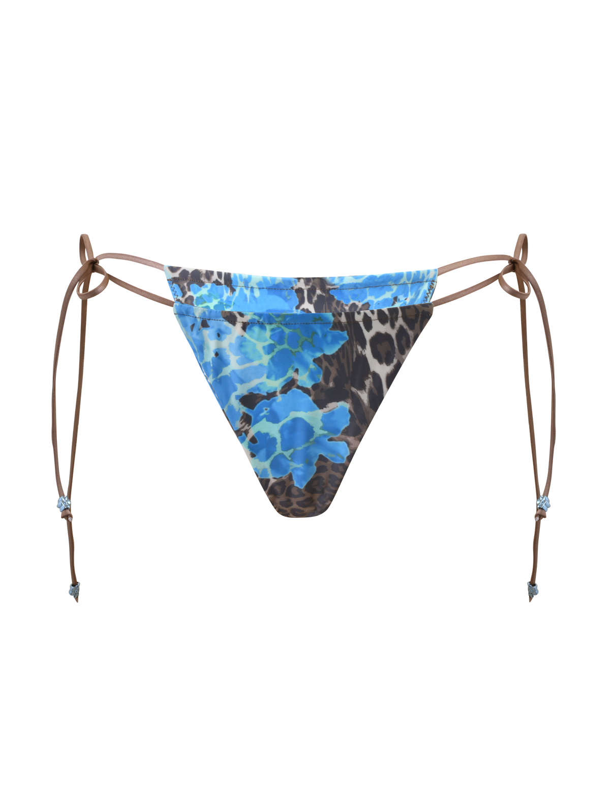 The TIGERMIST AVE BIKINI BOTTOM - BLUE LEOPARD features a brown abstract animal print, adjustable side ties, and a ruched front for a cheeky fit, shown on a white background.