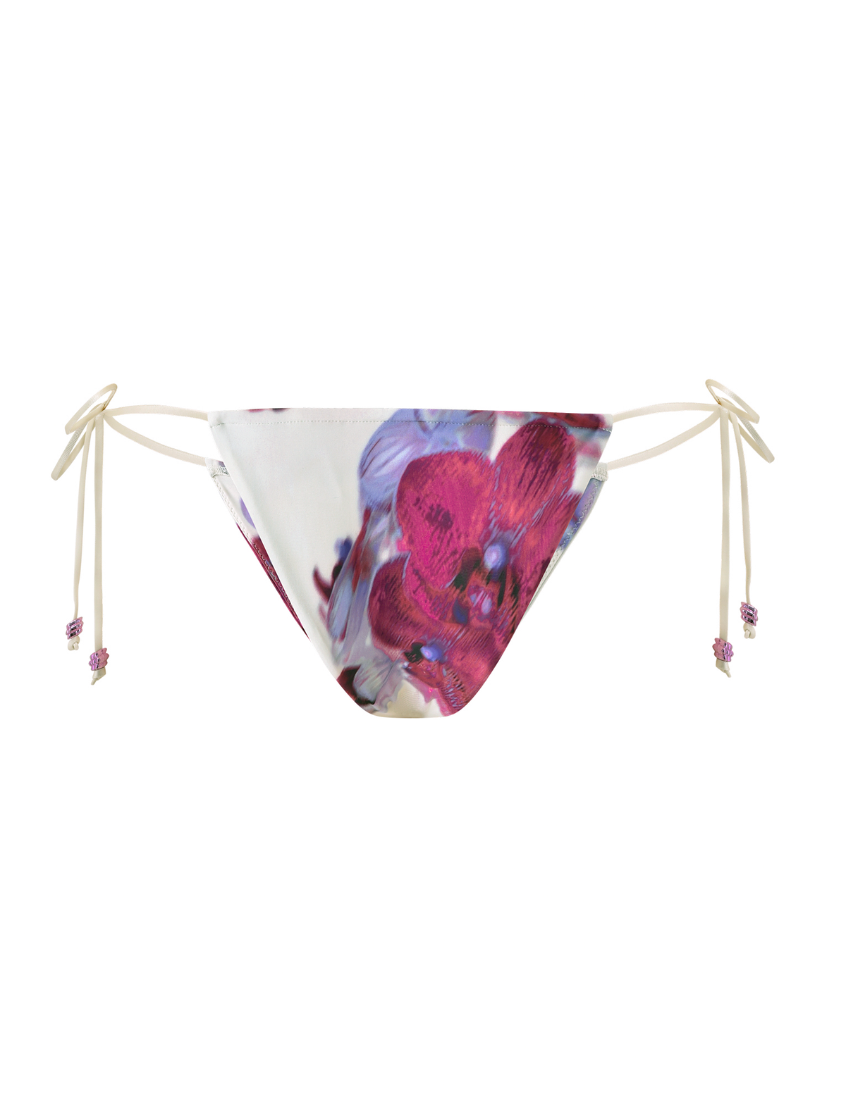The TIGERMIST AVE BIKINI BOTTOM - ORCHID HAZE features a cheeky cut with side ties, decorative beads, and a vibrant magenta and purple orchid haze print on a white background.