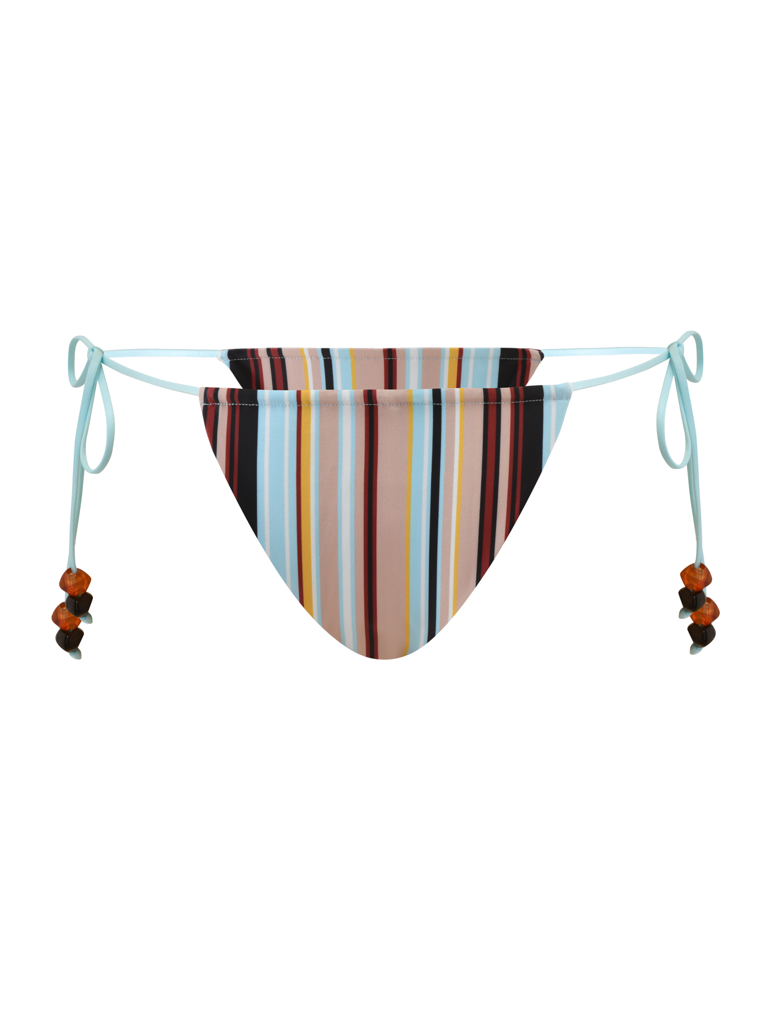 The TIGERMIST AVE BIKINI BOTTOM - VARIEGATED STRIPE features vertical multicolored stripes and light blue side ties with amber beads, shown on a plain white background.