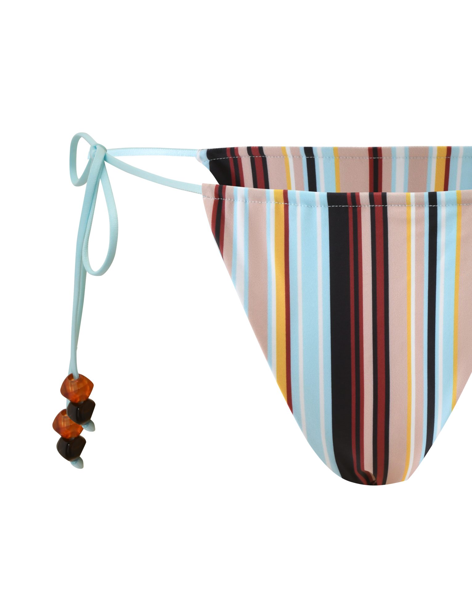 A close-up of the TIGERMIST AVE BIKINI BOTTOM - VARIEGATED STRIPE shows multicolored vertical stripes and light blue side ties with brown beads, making this cheeky bottom pop against a plain white background.