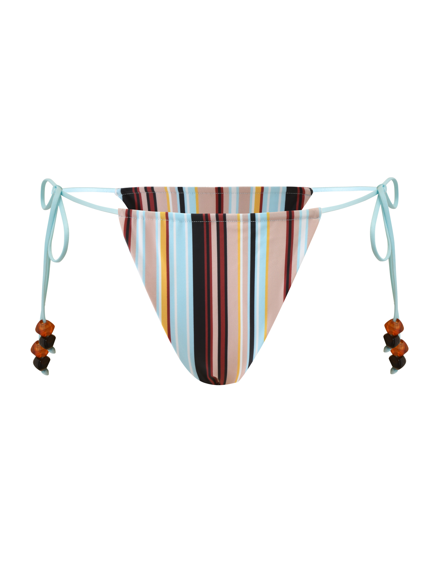 The TIGERMIST AVE BIKINI BOTTOM - VARIEGATED STRIPE features multicolored vertical stripes and light blue side tie strings adorned with brown and black beads for a playful, stylish look.
