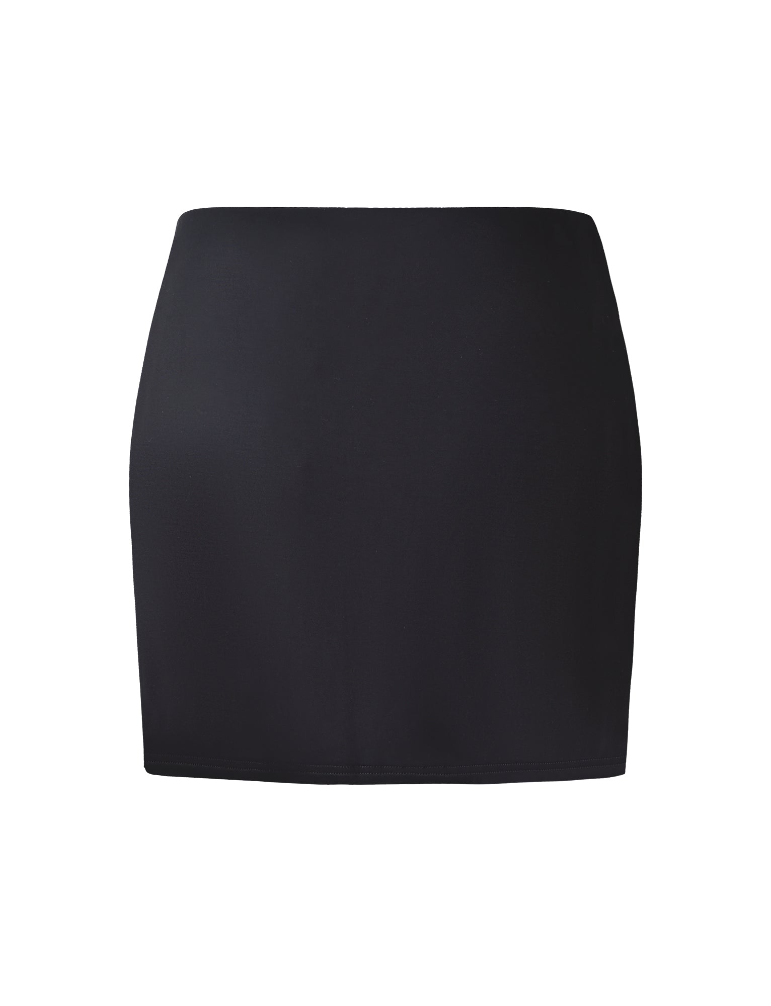 The ALANI SKIRT - BLACK by TIGERMIST is a fitted mini skirt with a simple, streamlined design that extends above the knees and features a straight hemline. Its smooth, slightly stretchy fabric stands out against a plain white background, highlighting the skirt's chic appeal.
