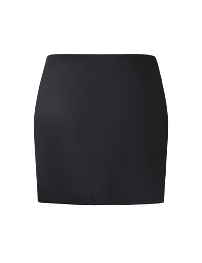 The ALANI SKIRT - BLACK by TIGERMIST is a fitted mini skirt with a simple, streamlined design that extends above the knees and features a straight hemline. Its smooth, slightly stretchy fabric stands out against a plain white background, highlighting the skirt's chic appeal.