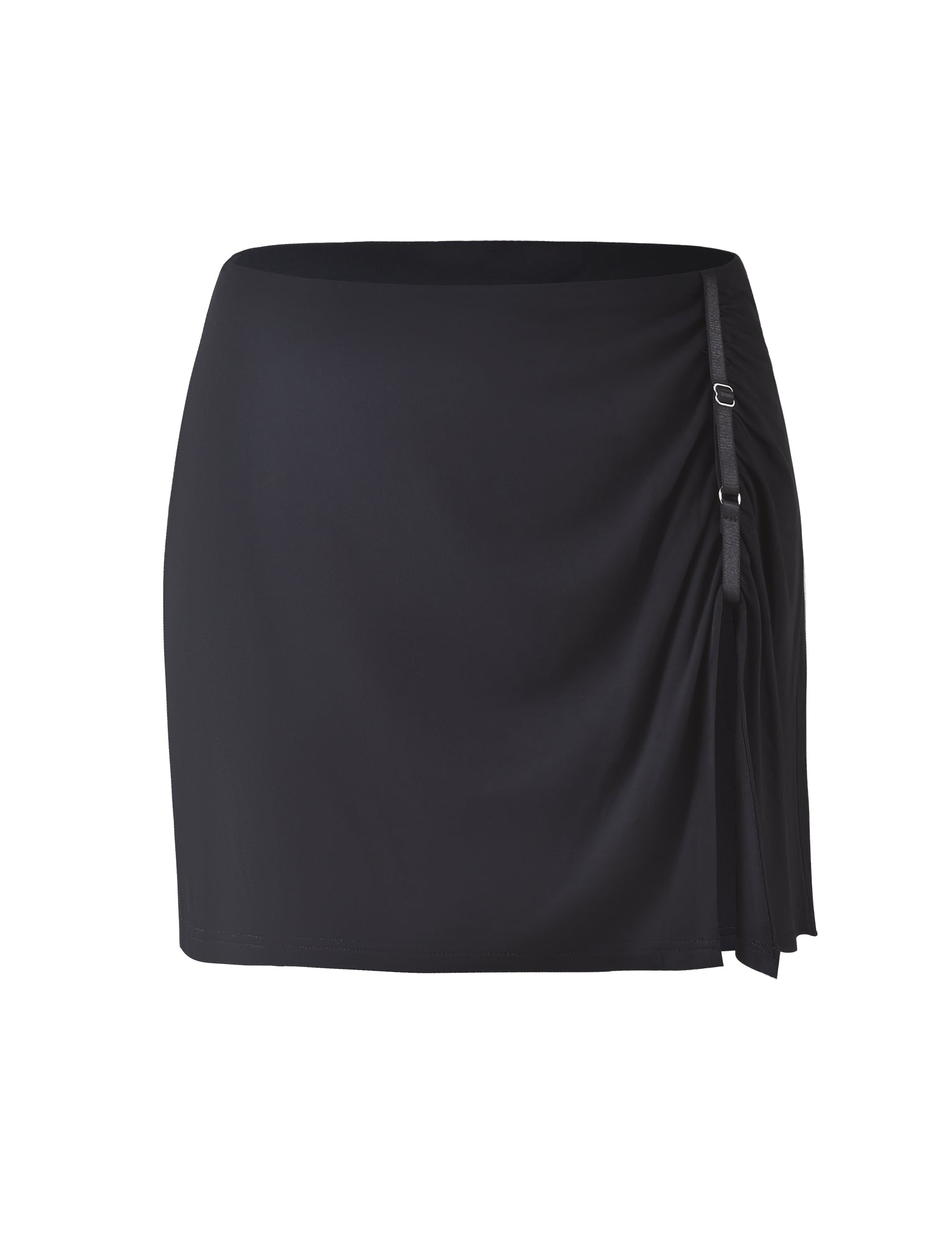 The ALANI Skirt - Black by TIGERMIST is a high-waisted mini skirt with a slight sheen. It features decorative ruching on the right side, adorned with three small silver buckle accents. The straight hemline falls above the knees, giving this skirt a fitted and elegant appearance.