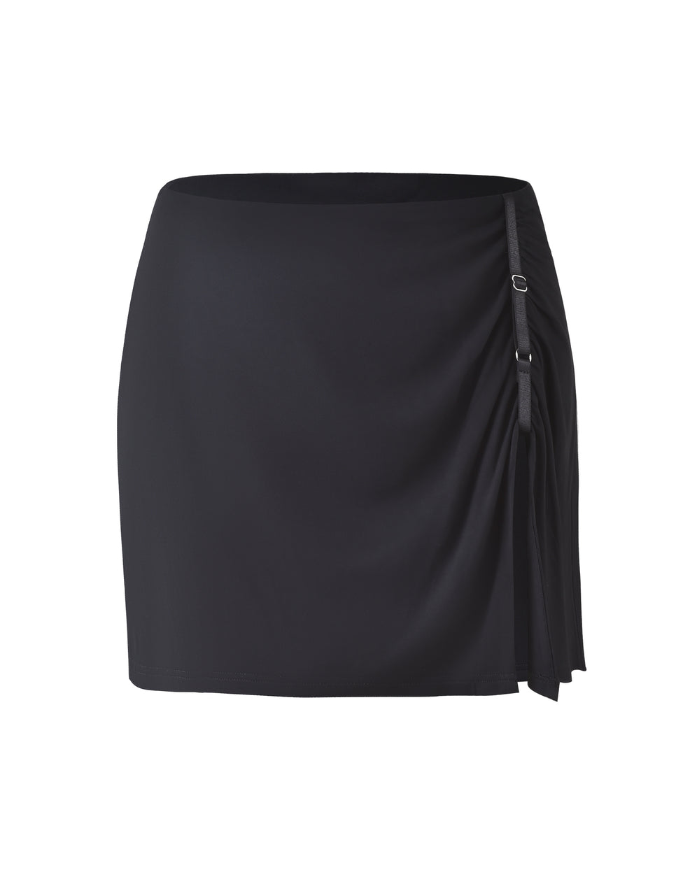 The ALANI Skirt - Black by TIGERMIST is a high-waisted mini skirt with a slight sheen. It features decorative ruching on the right side, adorned with three small silver buckle accents. The straight hemline falls above the knees, giving this skirt a fitted and elegant appearance.