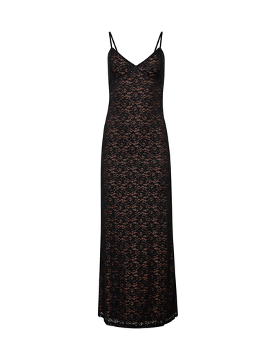 The TIGERMIST JULIANNA LACE DRESS - BLACK is a sleeveless, fitted maxi dress with thin spaghetti straps, a V-neckline, and semi-sheer black lace over a nude underlay.