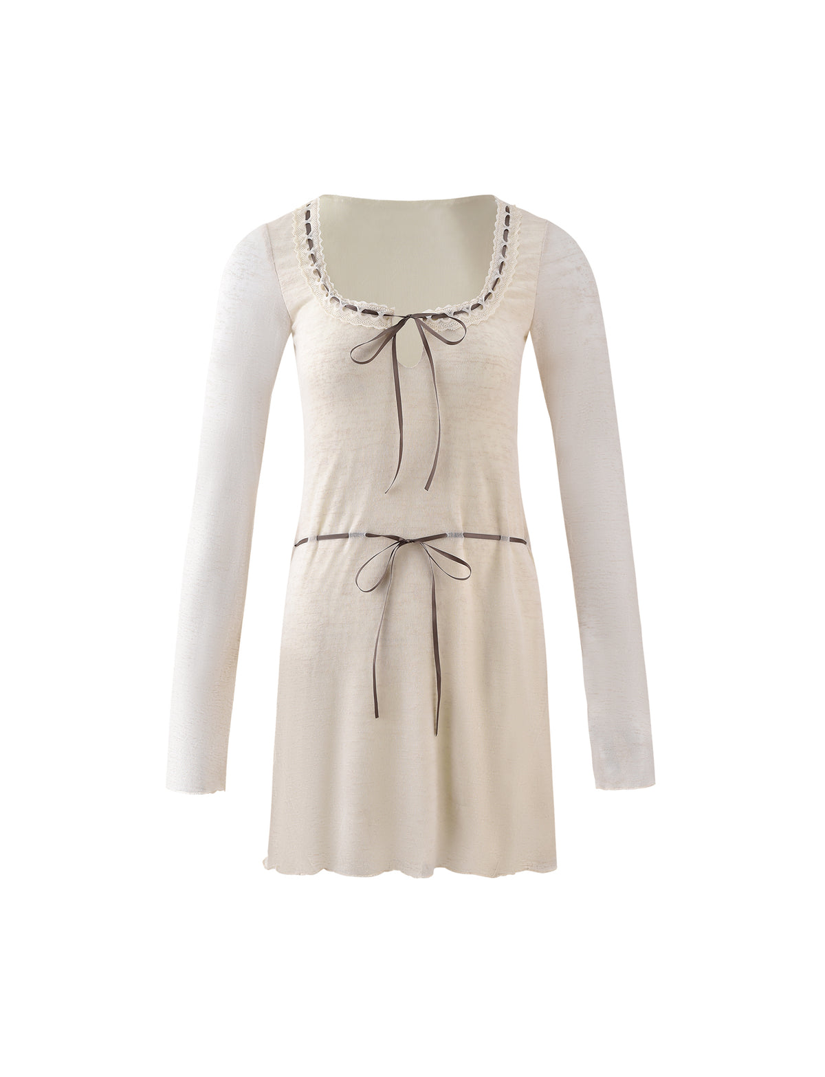 The AMINAH DRESS - WHITE : CREAM by TIGERMIST is a cream-colored, long-sleeved dress featuring a scooped neckline adorned with a small bow tie. This elegant dress also includes a similar bow tie at the waistline to create a cinched effect. The hem is slightly scalloped, adding a delicate touch to the garment.