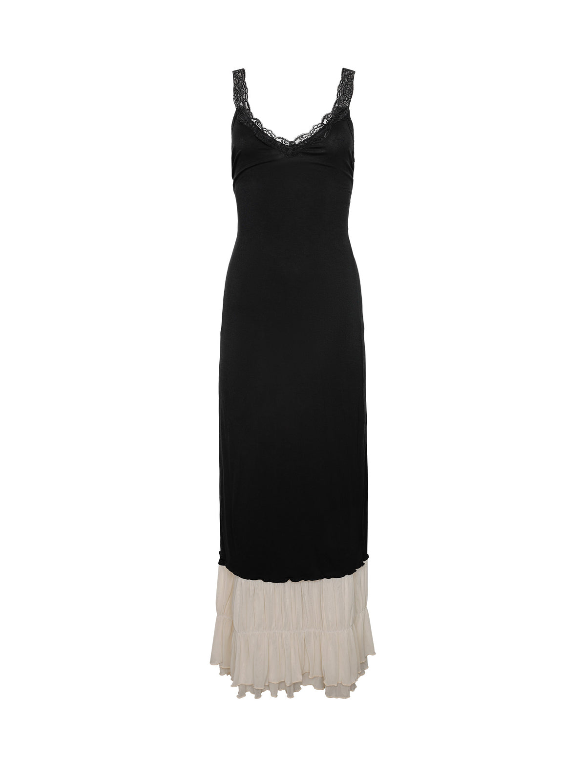 The KACIE DRESS - BLACK from TIGERMIST is a long, sleeveless dress with a fitted black bodice featuring lace trim on the neckline and straps, complemented by a flowing white ruffled hem at the bottom.
