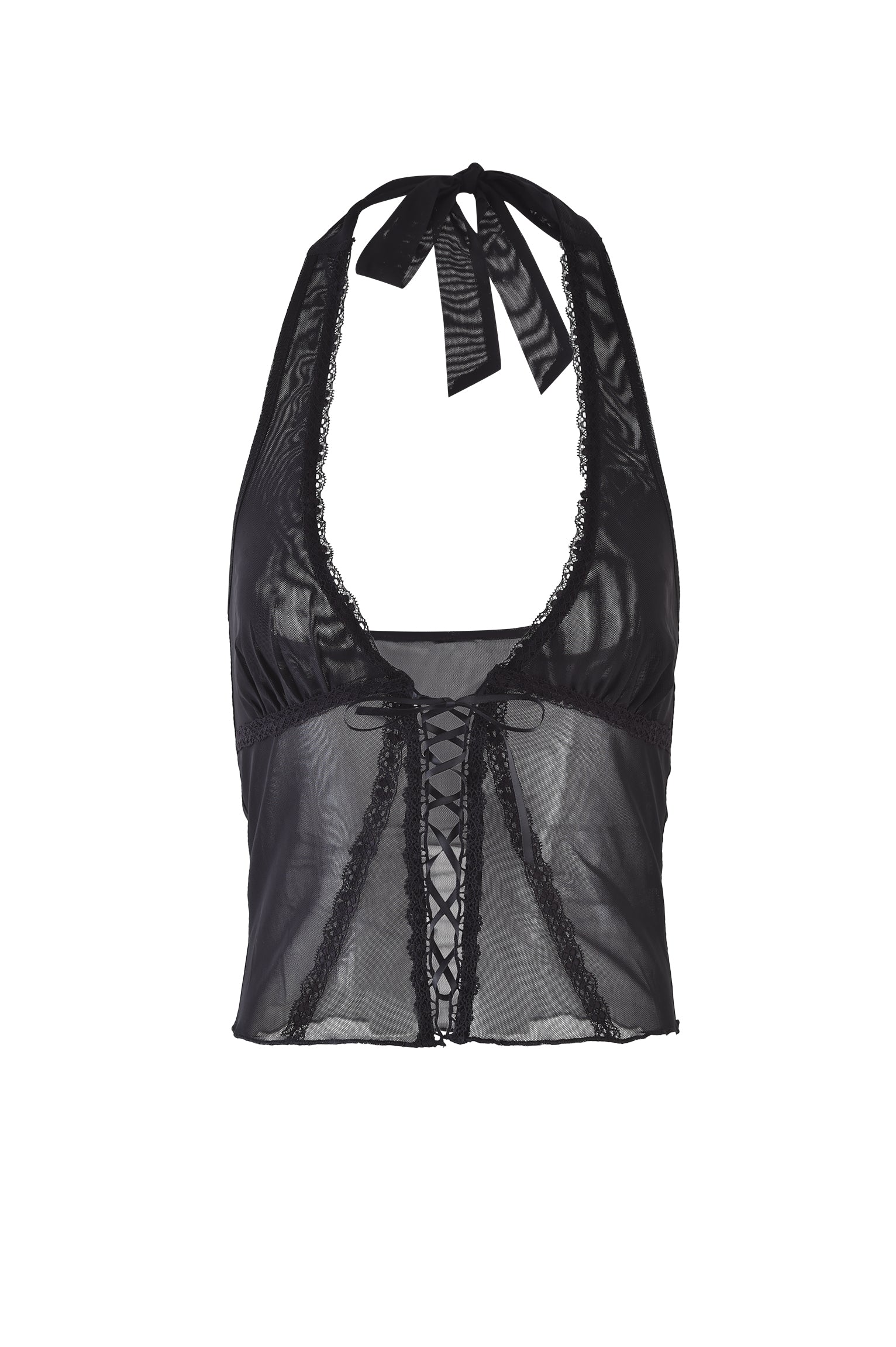 The image shows the "KAYLEE TOP - BLACK" from TIGERMIST. It features a sheer lace material and a halter neckline, with a deep V-cut trimmed in scalloped lace along the edges and secured with a ribbon tie at the back of the neck. The front boasts an elegant corset-like lace-up detail, enhancing its delicate design.