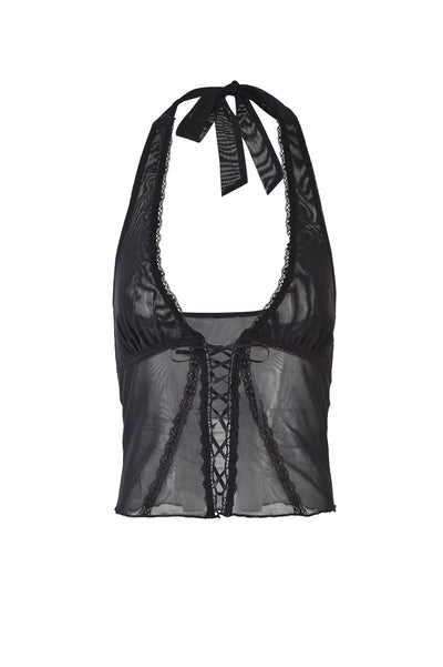 The image shows the "KAYLEE TOP - BLACK" from TIGERMIST. It features a sheer lace material and a halter neckline, with a deep V-cut trimmed in scalloped lace along the edges and secured with a ribbon tie at the back of the neck. The front boasts an elegant corset-like lace-up detail, enhancing its delicate design.