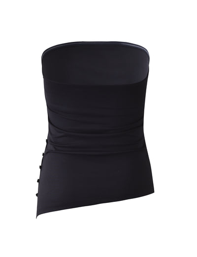 A black INDIRA TOP from TIGERMIST displayed against a white background. The top features a strapless design with a snug, bodycon fit. The fabric appears smooth and slightly shiny, creating a sleek and elegant look.