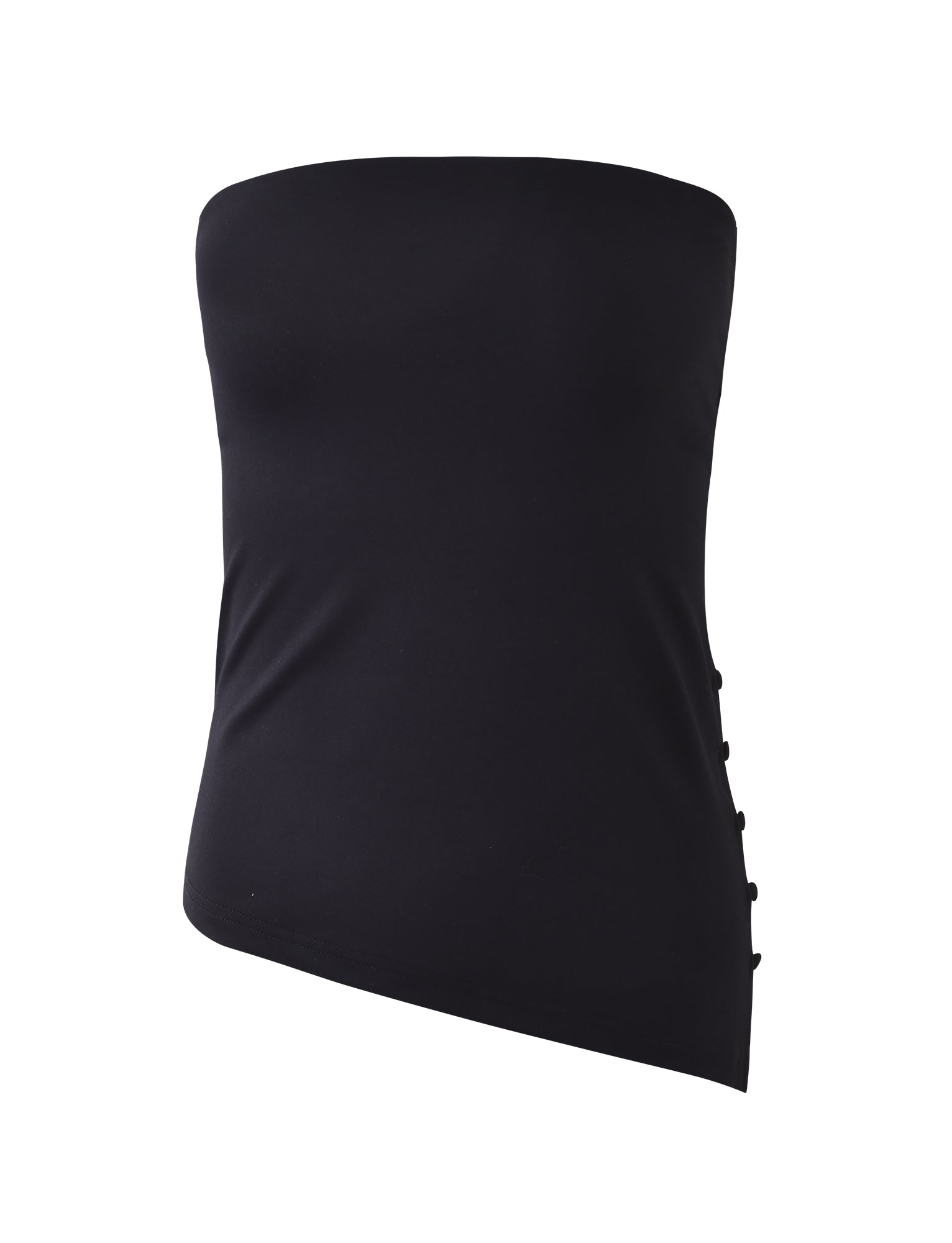 The "INDIRA TOP - BLACK" from TIGERMIST is a black, strapless tube top with an asymmetrical hemline. The right side is adorned with functional buttons running vertically for added detail. The fabric appears smooth and form-fitting, emphasizing its sleek and modern design.