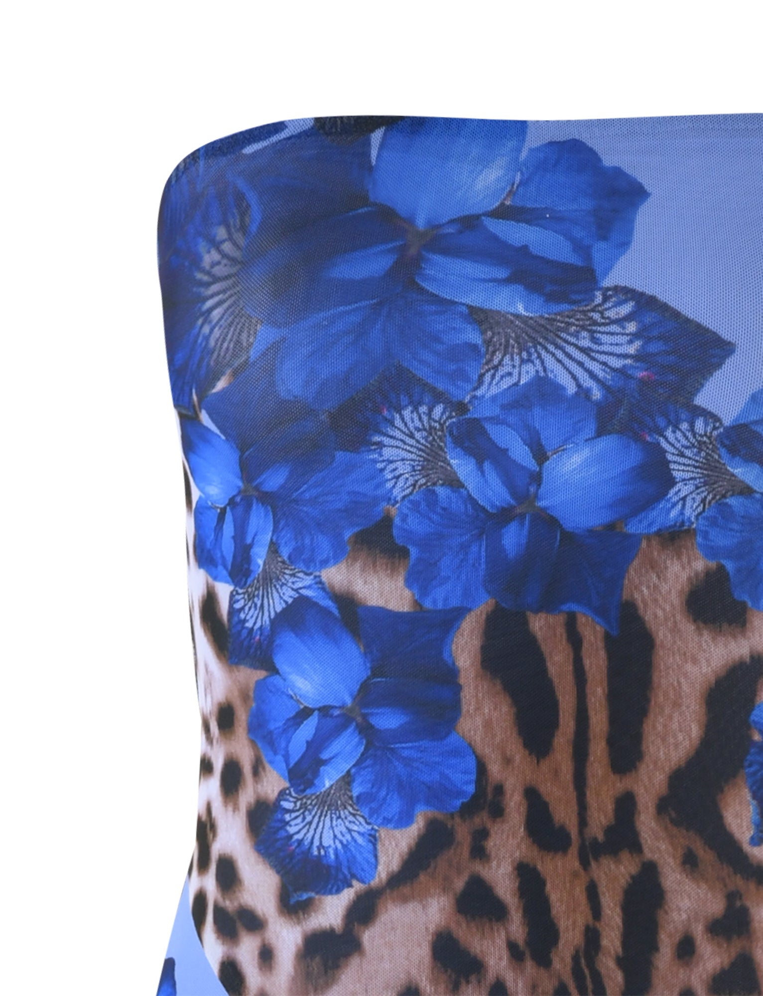Introducing the TIGERMIST THEO MAXI DRESS - MULTI : LEOPARD, a stunning strapless garment featuring an eye-catching design. This fitted dress artfully blends vibrant blue flowers with bold brown and black leopard spots, creating a striking contrast against a plain white background.