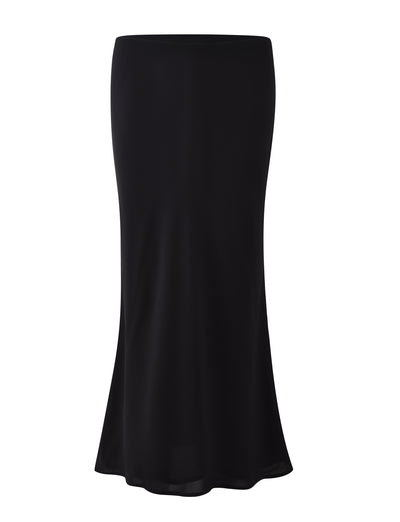 The TIGERMIST MOIRA SKIRT - BLACK is showcased against a plain white background. This long skirt features a high waist and flows down to a slight flare at the hem, boasting a smooth and streamlined design that emphasizes its elegant simplicity.