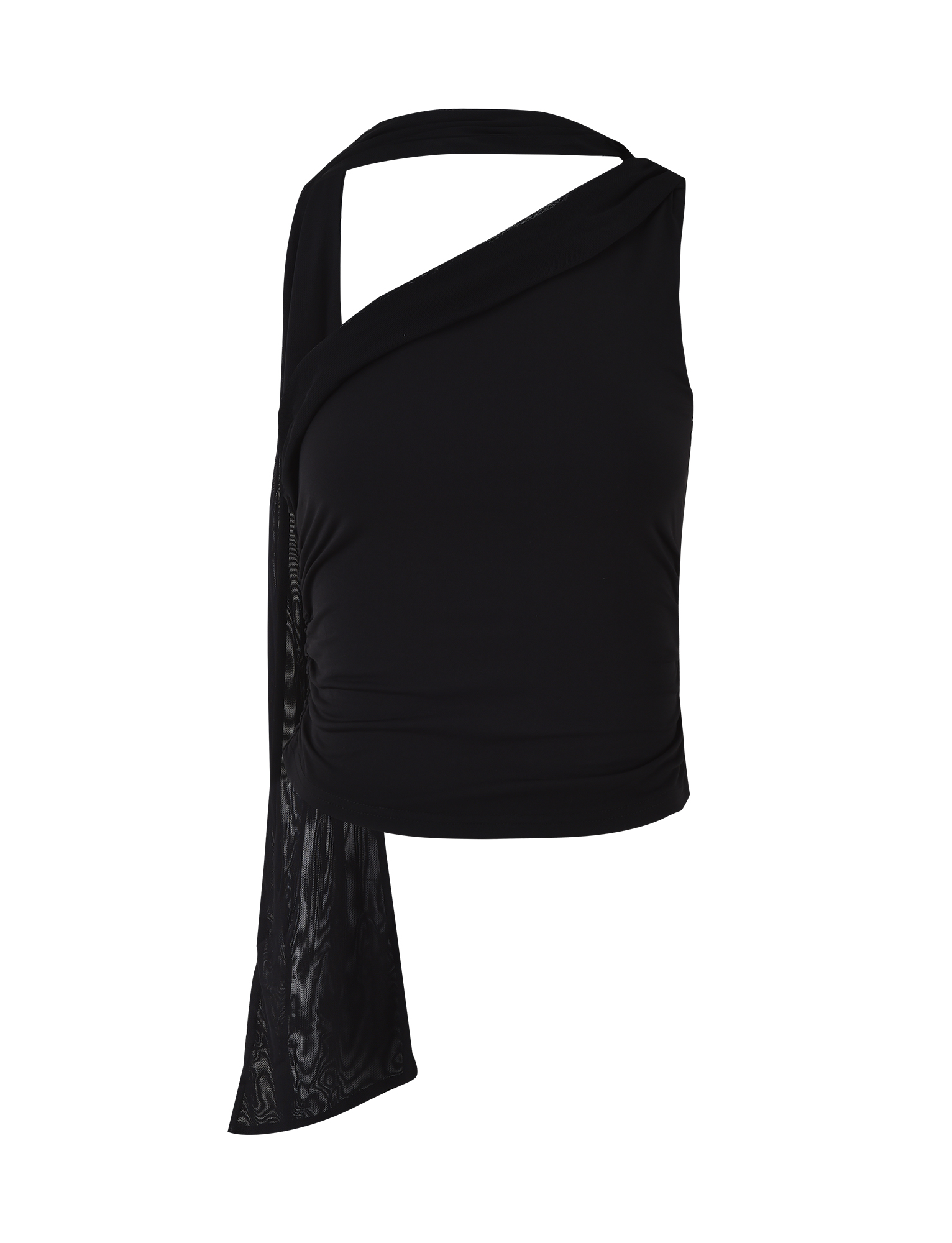 The ALLIRA TOP - BLACK by TIGERMIST is a black one-shoulder tank with an asymmetrical, bodycon fit and diagonal draped detail. Made from high stretch jersey, its smooth, shiny fabric accentuates your silhouette.