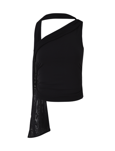 The ALLIRA TOP - BLACK by TIGERMIST is a black one-shoulder tank with an asymmetrical, bodycon fit and diagonal draped detail. Made from high stretch jersey, its smooth, shiny fabric accentuates your silhouette.