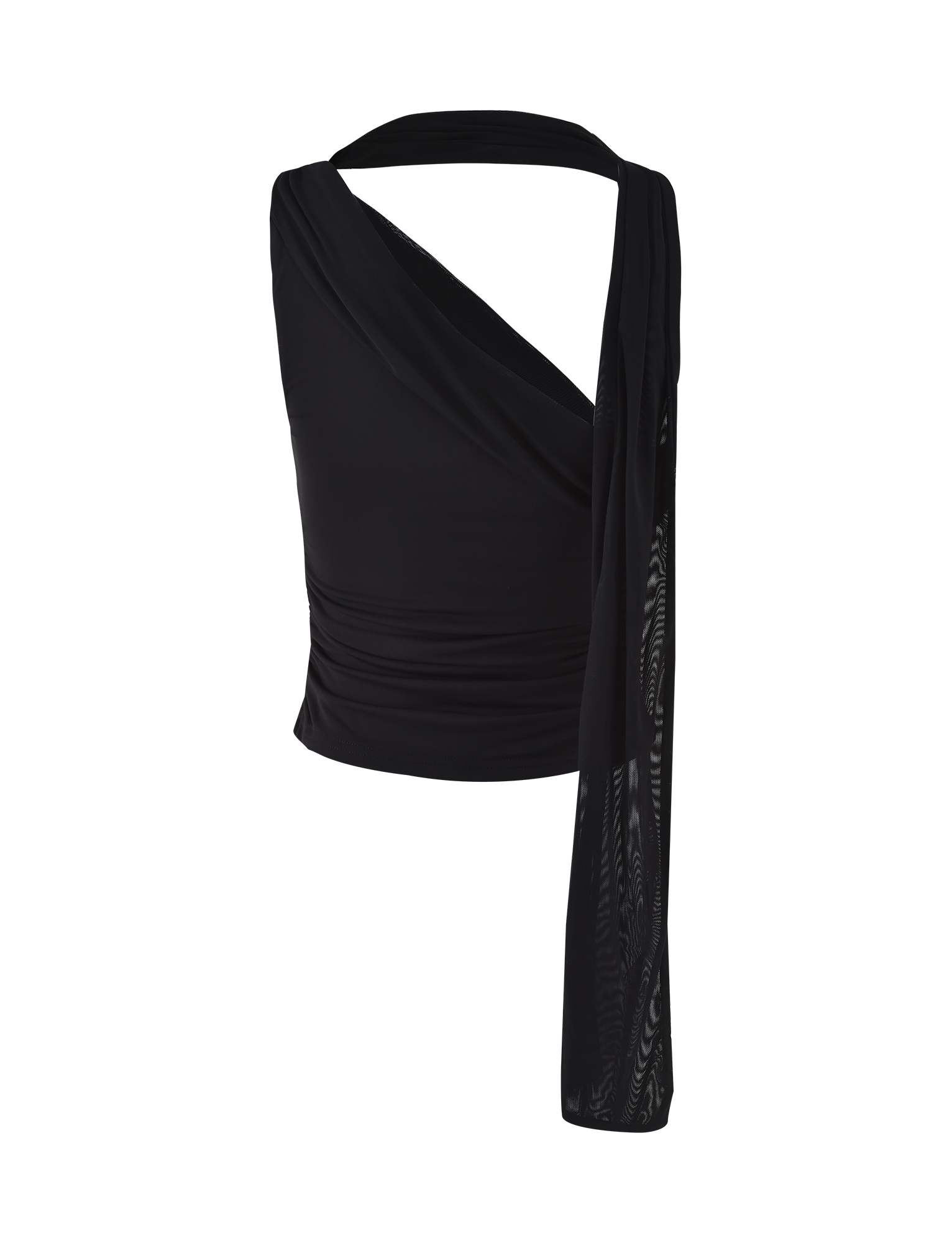 The TIGERMIST ALLIRA TOP in black features a bodycon fit in high-stretch jersey, with a wide strap and one long, sheer draped sleeve for an asymmetrical look. The smooth, slightly shiny fabric creates a modern silhouette.