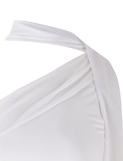 Close-up of the TIGERMIST ALLIRA TOP - WHITE featuring a stylish asymmetric strap design. The fabric appears smooth and slightly gathered at the shoulder, giving it an elegant and modern look.