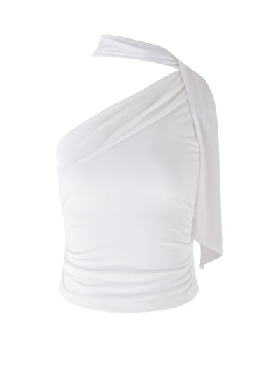 The ALLIRA TOP - WHITE from TIGERMIST is a stylish one-shoulder top with a fitted design and draped fabric detail on the shoulder. The smooth and stretchy material enhances its sleek, modern look.