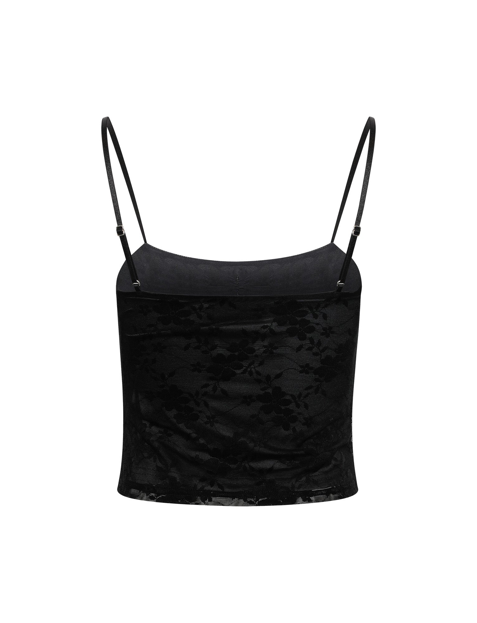 The RACHELLE TOP - BLACK from TIGERMIST is a black, floral lace camisole featuring thin, adjustable spaghetti straps. The fabric has a semi-sheer finish that reveals a delicate flower pattern throughout. Its elegant and feminine style makes it perfect for wearing as lingerie or as a stylish layering piece.