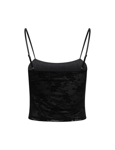The RACHELLE TOP - BLACK from TIGERMIST is a black, floral lace camisole featuring thin, adjustable spaghetti straps. The fabric has a semi-sheer finish that reveals a delicate flower pattern throughout. Its elegant and feminine style makes it perfect for wearing as lingerie or as a stylish layering piece.