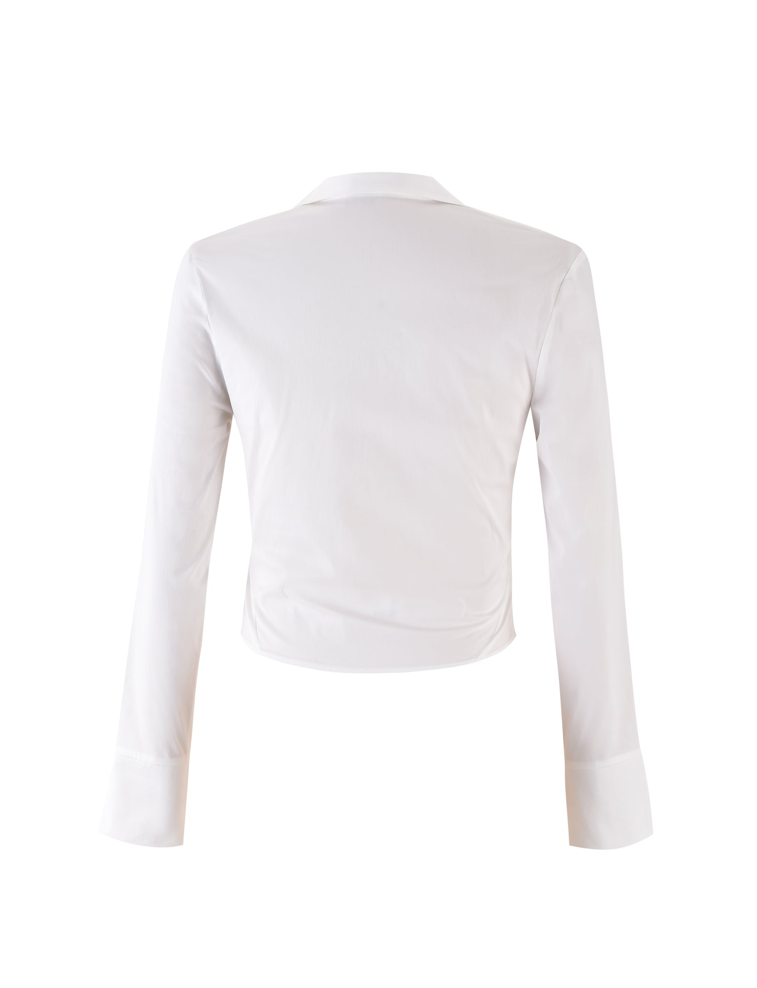 A back view of the ELVA SHIRT - WHITE by TIGERMIST. This long-sleeved blouse exhibits a clean, minimalist design with a tailored fit and a collar. The fabric appears smooth and slightly shiny, while the cuffs feature a double-button detail.