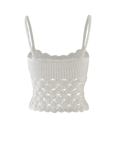 The RIKI TOP in white from TIGERMIST is a feminine, lightweight knitted crop top with delicate shoulder straps. It features intricate lace detailing and a scalloped hemline, combining a snug, ribbed upper section with an open and airy knit pattern below.
