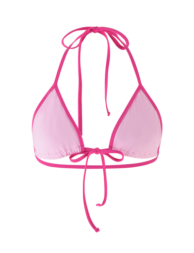 The KRISTIN BIKINI TOP - PINK by TIGERMIST showcases a two-toned pink design with adjustable neck and back ties, displayed against a white background.