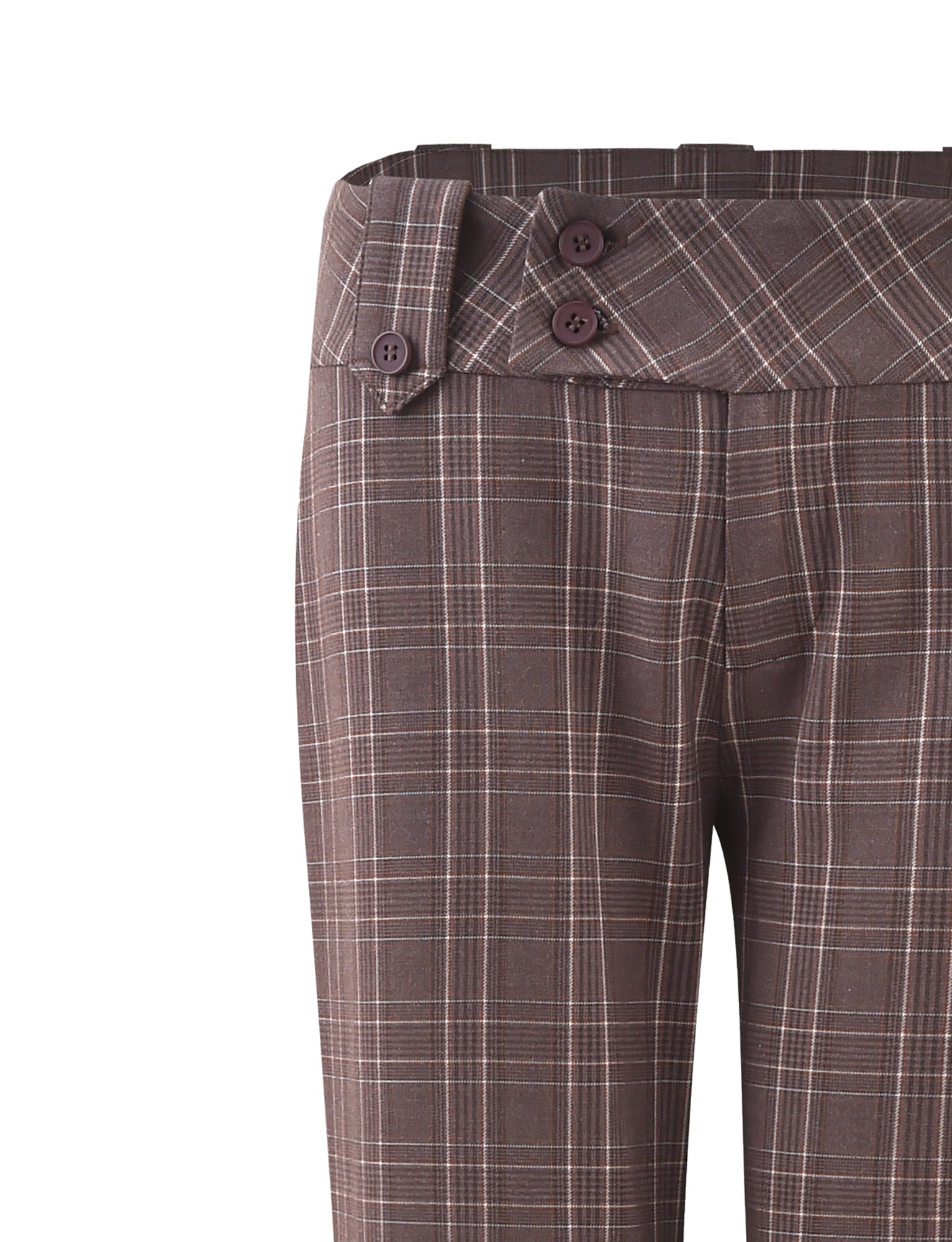 A close-up of the KITTIE PANT - BROWN : CHOCOLATE CHECK from TIGERMIST showcases a high-waisted design. The waistband features two dark buttons on a diagonal tab, while the brown plaid pattern is adorned with intersecting white and dark lines. The fabric appears tailored for a clean, structured fit.