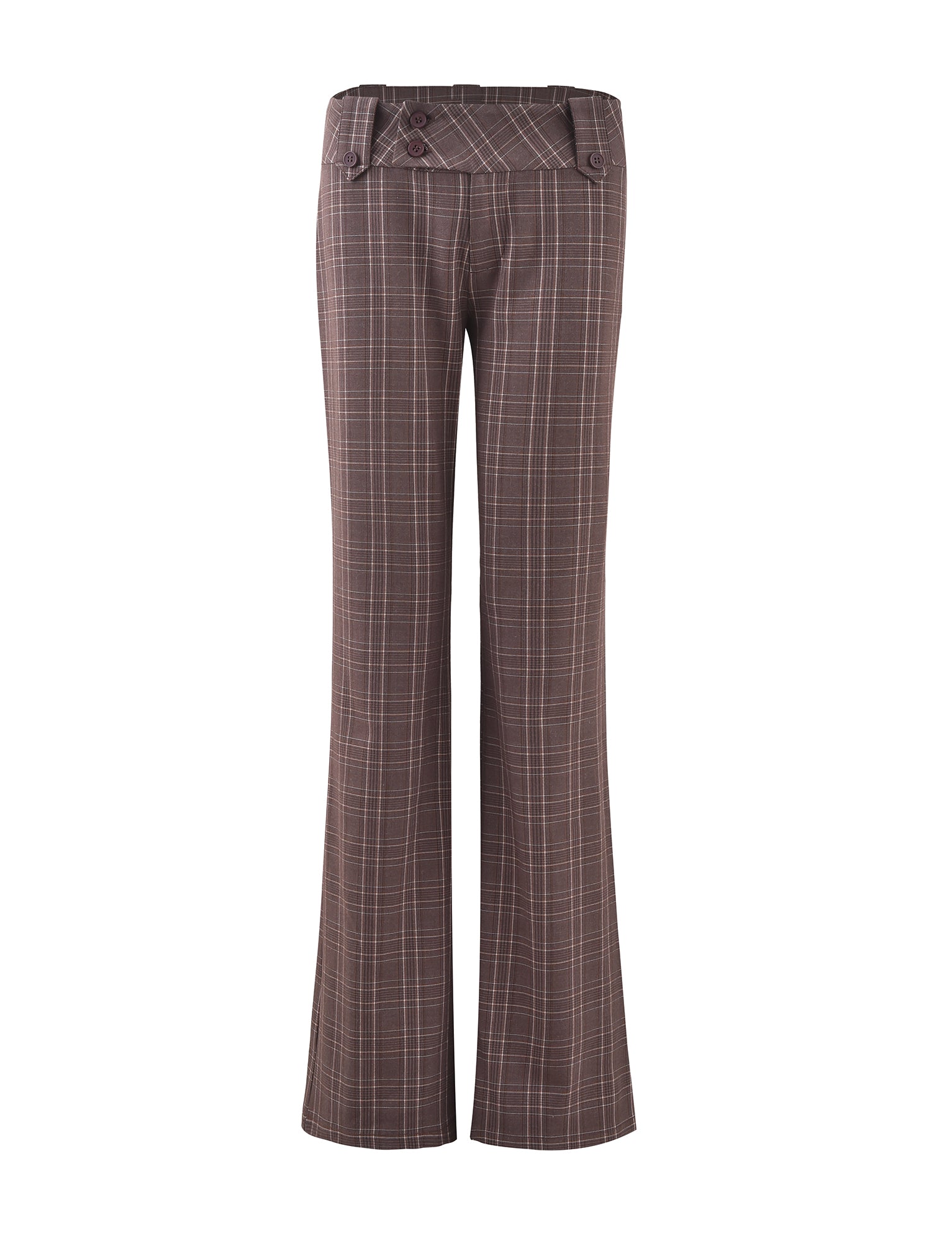 The KITTIE PANT - BROWN : CHOCOLATE CHECK from TIGERMIST is a pair of brown plaid women's trousers with a high-waisted design. They feature wide legs, button details, and a folded waistband. The plaid pattern consists of intersecting white and darker brown lines. The trousers are displayed on a plain white background.